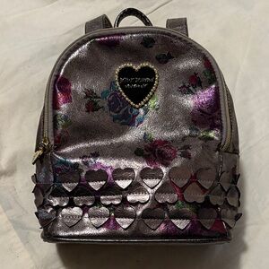 Betsey Johnson Metallic Silver Floral and Heart Embellished Mini Backpack Purse